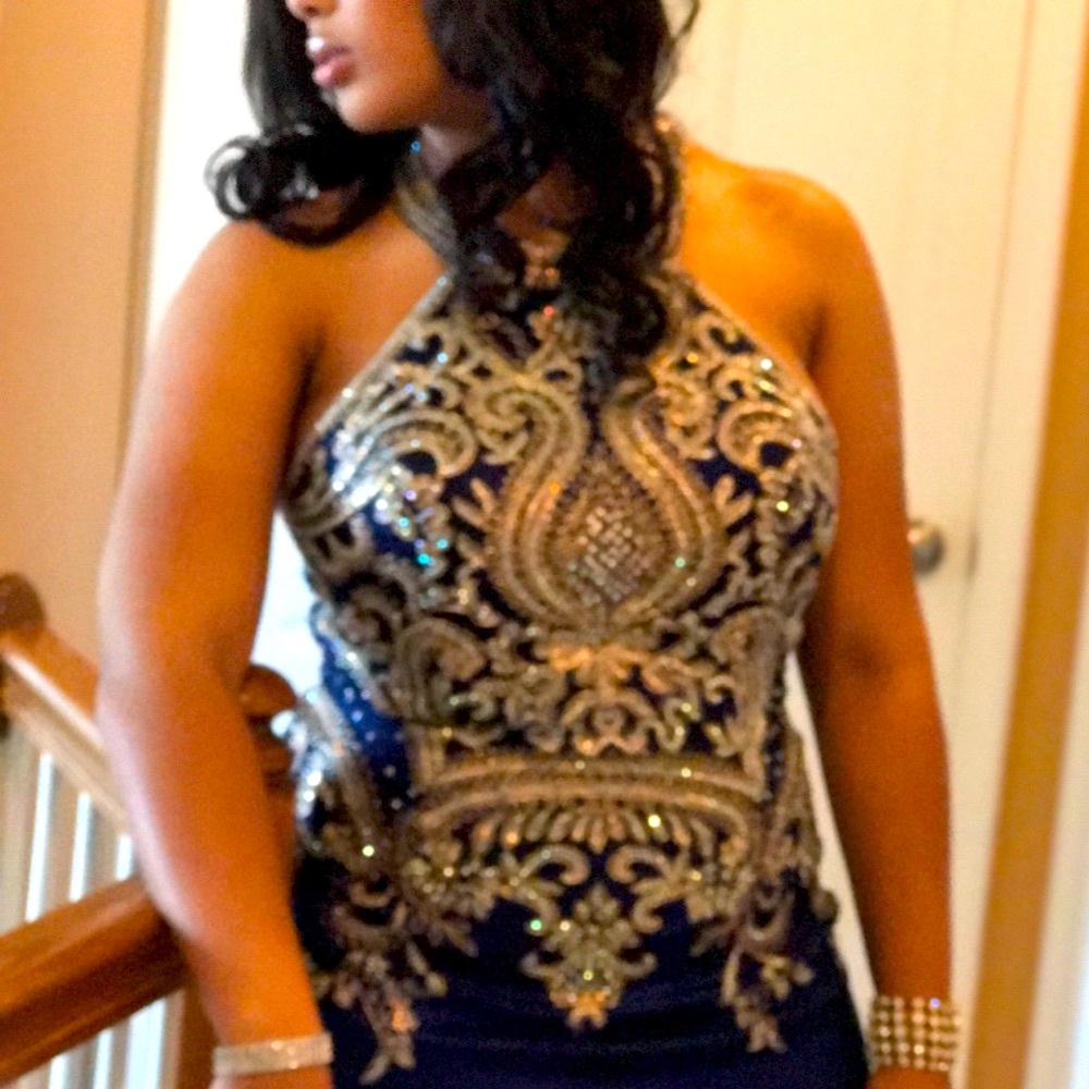 Jovani Blue Beaded Dress / Gown Halter Style for Prom, Wedding, Formal, Party - Picture 9 of 10